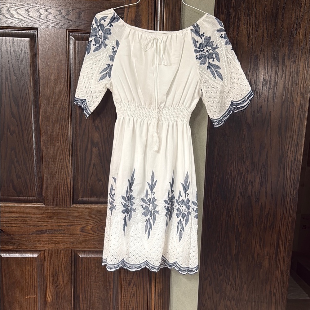 Elegant White and Blue Floral Dress